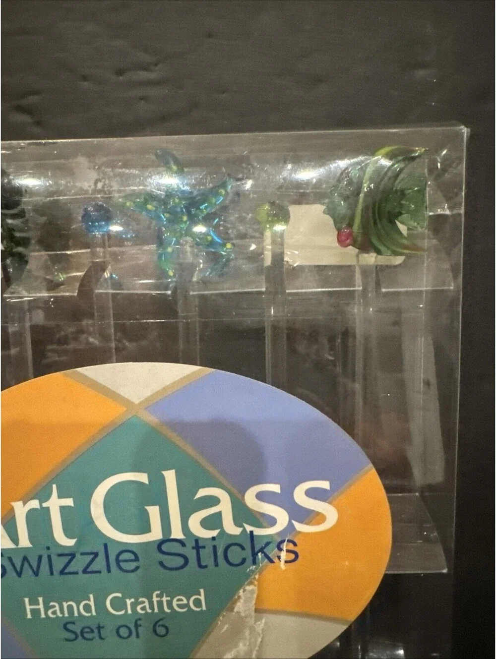 NEW HAND BLOWN GLASS SWIZZLE STICKS SET OF 6 TROPICAL FISH